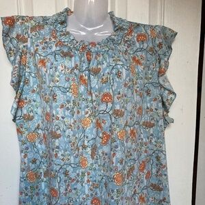 Floral Ruffle Sleeve Blouse - Blue and Orange